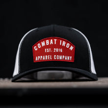 Load image into Gallery viewer, Arched Red Patch Mid-Profile Mesh Snapback Hat